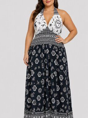 ROMWE Women’s 1XL Black White Maxi Dress Halter Neck Boho Sun Moon Print NWT
